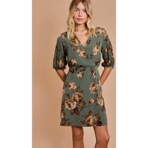 Gilli Green Floral Mini Dress Medium | Puff Sleeve V-Neck Vintage Style Boho